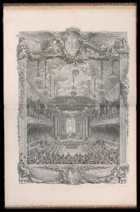 Décoration de la salle de spectacle, construit dans le manège couvert de la grande écurie à Versailles, pour la représentation de la Princesse de Navarre Comédie Ballet, donnée à l’occasion du Mariage de Louis Dauphin de France avec Marie Thérèse Infante d