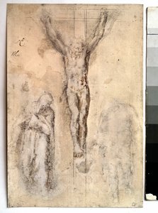 Studio per una crocifissione Rappresentazione di Cristo sulla croce con la Vergine e San Giovanni. Disegno di Michelangelo Buonarroti detto Michelangelo da Michelangelo Buonarroti