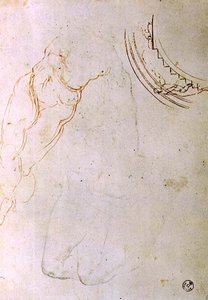 Studio di una figura prona con gambe incrociate e un progetto per una lunetta che mostra una figura che sale una scala da Michelangelo Buonarroti