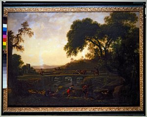 Paesaggio con un ponte e contadini e mucche e capre da Michelangelo Cerquozzi