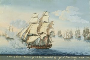 Nave Mount Vernon di Salem che supera una flotta francese (acquerello su carta)
