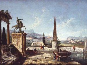 Un capriccio di monumenti classici, un obelisco con soldati vicino a una piscina e montagne oltre