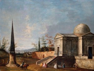 Figure eleganti davanti a una chiesa classica con cupola, un obelisco a sinistra