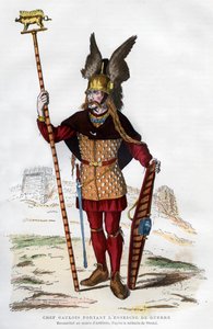 Capo gallo in abito da battaglia che porta uno stendardo