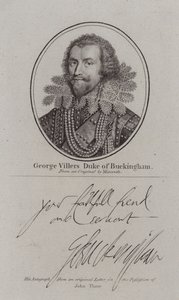 George Villiers Duca di Buckingham, cortigiano, politico e favorito del re Giacomo I (incisione) da Michiel Janszoon van (after) Miereveldt