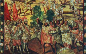 Hernan Cortes entra a Cempoal e riceve il capo Gordo che offre carne e doni a tutti gli spagnoli (dettaglio)