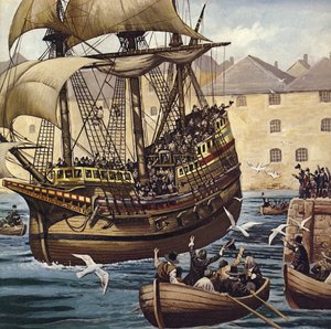 Westward Ho! La Mayflower lascia Plymouth Ho il 16 settembre 1620 (litografia a colori)