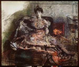 Dopo il concerto - Ritratto della cantante Nadezhda Zabela Vrubel (davanti al camino in un abito disegnato da Vrubel) da Mikhail Aleksandrovich Vrubel
