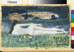 Silhouette femminile nuda, sdraiata, di schiena, al bordo dell