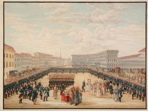 La benedizione della bandiera del reggimento Preobrajensky, dicembre 1796 da Mikhail Matveevich Ivanov