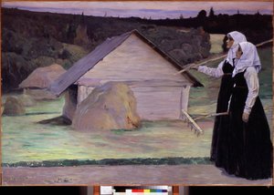 Estate. Due donne, portando il loro rastrello, la sera dopo i lavori nei campi, camminano davanti a covoni di fieno e capanne di legno. Dipinto di Mikhail Vasilyevich Nesterov (1862-1942), olio su tela da Mikhail Vasilievich Nesterov