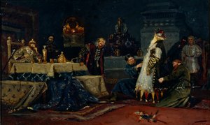 Cappotto da pazzo. Boyar Druzhina Andreyevich Morozov davanti a Ivan il Terribile da Mikhail Vasilievich Nesterov