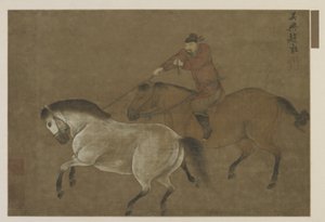 Un cavaliere che cattura un cavallo con il lazo