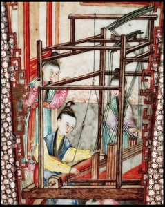 Dettaglio di un vaso che raffigura la tessitura della seta da Ming Dynasty Chinese School