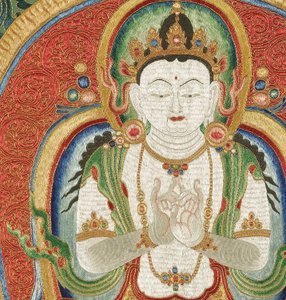 Dettaglio di Thangka di seta imperiale ricamata da Ming Dynasty Chinese School