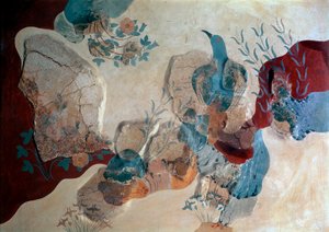 Arte minoica: Uccello blu. Frammento di affresco della Casa degli Affreschi. 1500 a.C. Heraklion, Museo Archeologico, Creta
