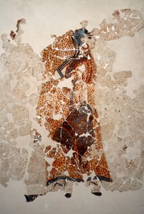 Civiltà minoica: donne in adorazione. (dettaglio). Affresco dal bacino lustrale di Xeste 3 ad Akrotiri (Thera), Santorini. Collezione di affreschi di Akrotiri a Thera da Minoan