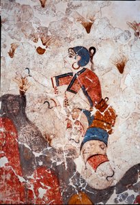 Civiltà minoica: donne che raccolgono zafferano. Dettaglio di un affresco dal bacino lustrale di Xeste 3 ad Akrotiri (Thera), Santorini. Dim. 244x266 cm XVI secolo a.C. Santorini, Collezione di affreschi di Akrotiri a Thera