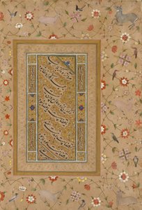 Pagina dal Tardo Album di Shah Jahan: Calligrafia Persiana Incorniciata da un Bordo Ornamentale di Fiori e Uccelli da Mir 