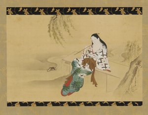 Paesaggio: una yujo seduta su una panchina, XVIII secolo da Miyagawa Chōshun