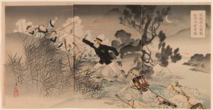 Il Coraggio del Capitano Matsuzaki durante la Grande Battaglia Feroce al Passaggio di Anseong da Mizuno Toshikata