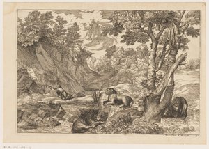Paesaggio con San Girolamo penitente e tre leoni a riposo (serie Paesaggi da Tiziano) da Moise Jean Baptiste Fouard