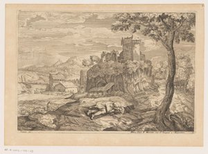 Paesaggio con pastore a riposo, sullo sfondo un fiume con ponte e mulino ad acqua (Paesaggi da Tiziano) da Moise Jean Baptiste Fouard