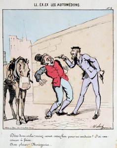 HE. EX. EX. Motoredons: Cartone sul trasporto in città. Un borghese chiede educatamente a un cocchiere di portarlo minacciandolo con pistole. Disegno di Moloch (1849-1909), intorno al 1860 da Moloch