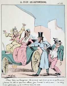 HE. EX. EX. Motoredons: Caricatura del trasporto in città. Un cocchiere porta un amico ubriaco nella carrozza accanto a due borghesi inorridite. Disegno di Moloch (1849-1909), ca. 1860 da Moloch
