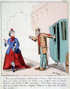 HE. EX. EX. Motoredons: Caricatura del trasporto in città. Il cocchiere rimprovera una borghese che va al parco mentre suo marito aveva chiesto al conducente di portarla in un altro luogo. Disegno di Moloch (1849-1909), ca. 1860 da Moloch