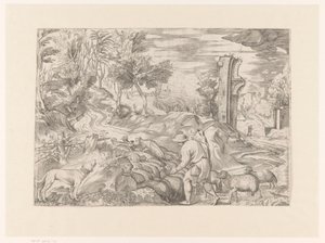 Paesaggio con pastore e gregge di pecore