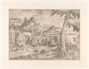 Paesaggio panoramico con grande albero da Monogrammist DB (etser 16de eeuw)