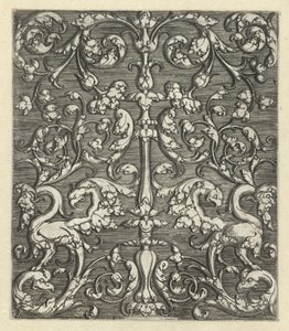 Ornamento con due animali fantastici e candelabro da Monogrammist IG