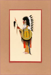 Guerriero Cheyenne con copricapo di piume e scudo