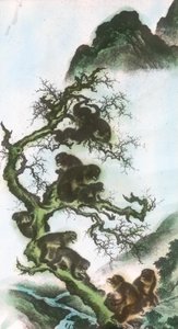 Scimmie su un arto - Dipinto del XVII secolo di Sosen da Mori Sosen