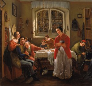German: Die Heimkehr des Freiwilligen aus den Befreiungskriegen zu den nach alten Sitte lebenden Seinen Il ritorno del volontario dalle guerre di liberazione alla sua famiglia che vive ancora secondo gli antichi costumi da Moritz Daniel Oppenheim