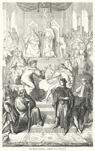 Il Sangerkrieg, una gara tra menestrelli al castello di Wartburg in Turingia nel 1207 (incisione) da Moritz Ludwig von (after) Schwind
