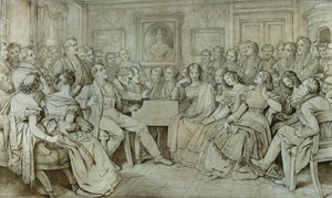 Una serata dal barone Spaun, Schubert al pianoforte, il tenore Johann Michael Vogl che canta ... (inchiostro, seppia) da Moritz Ludwig von Schwind