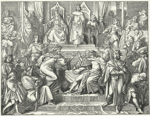 Il Sangerkrieg, una gara tra menestrelli al castello di Wartburg in Turingia nel 1207 (incisione) da Moritz Ludwig von Schwind