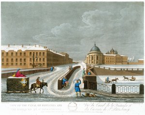 Veduta del canale di Fontanka e delle caserme, illustrazione per novembre da Un anno a San Pietroburgo inciso da John H. Clark, colorato da M. Dubourg. pub. 1815 a Londra da Edward Orme da Mornay