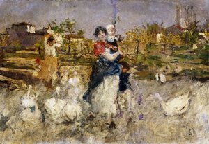Una madre e un bambino con le oche da Mose Bianchi