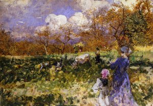 Nel prato; donne e bambini che guidano capre
