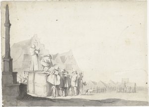Piazza del mercato con banditore su una botte da Moses ter Borch (possibly)