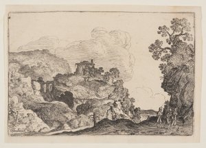 Paesaggio roccioso con tre viaggiatori