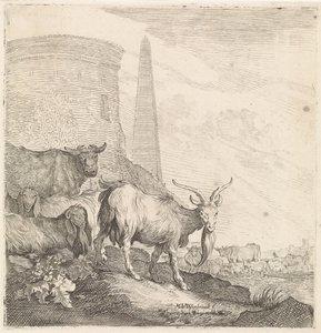 Capre e mucche presso una torre rotonda con un obelisco (Animali quadrupedi, titolo della serie) da Moyses van Wtenbrouck