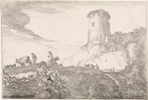 Paesaggio con torre rotonda