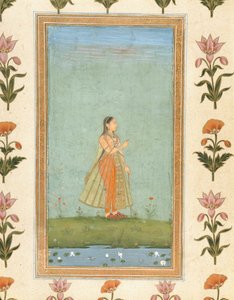 Signora che tiene un fiore, in piedi vicino a uno stagno di gigli, dal Piccolo Album Clive da Mughal School