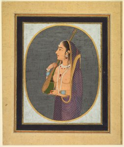 Dama di corte che canta e suona la vina, 1760 circa (acquerello opaco, inchiostro e oro su carta) da Muhammad Riza i Hindi