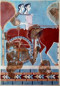 Arte micenea: coppia su un carro. Frammento di affresco dal palazzo di Tirinto e ricostruzione