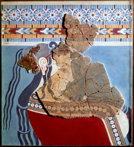 Arte micenea: busto femminile. Frammento di affresco dal palazzo di Tirinto e ricostruzione da Mycenaean